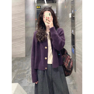 紫色软糯浣熊绒毛衣外套女秋冬慵懒宽松针织羊毛开衫外穿上衣短款