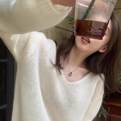 马海毛v领毛衣慵懒宽松针织上衣