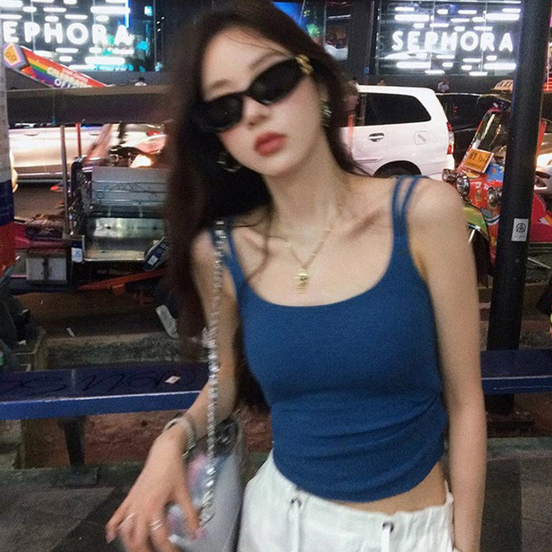 多巴胺辣妹蓝色吊带背心女夏海边穿搭遮副乳修身内搭打底无袖上衣