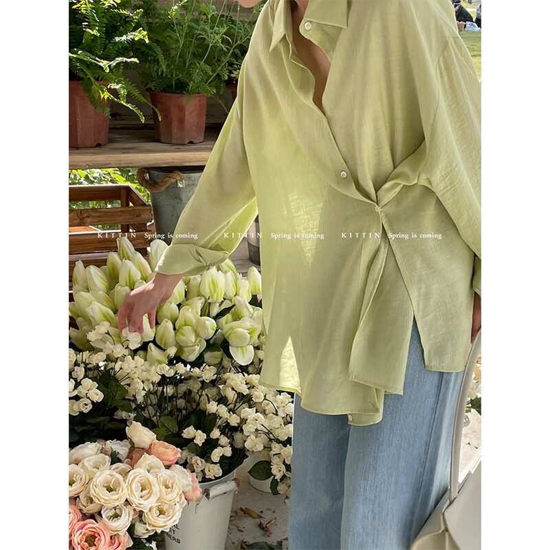 夏季长袖宽松不规则侧扣防晒衬衫上衣女设计感唯美百搭外穿衬衣薄