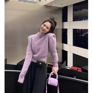 高级感紫色正肩套头毛衣女秋冬小个子短款软糯针织羊绒衫加厚上衣