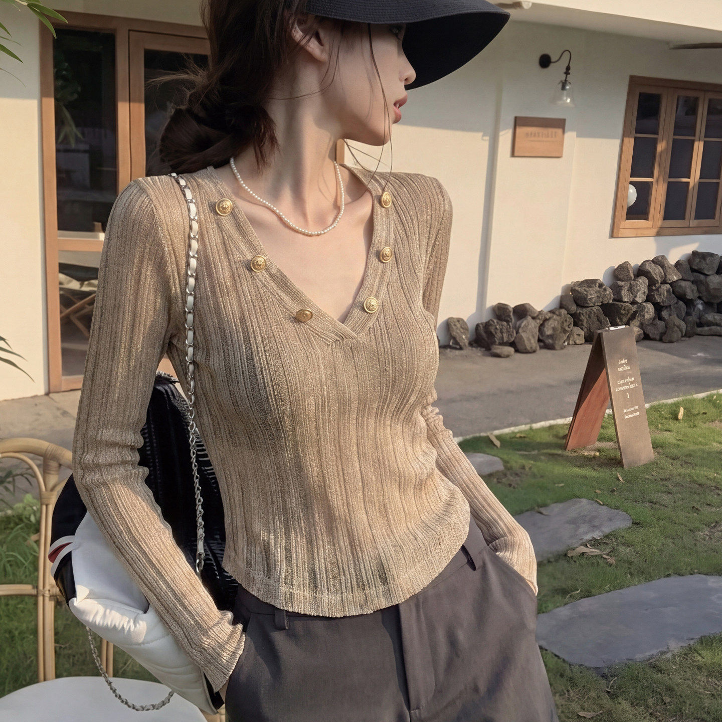 美式辣妹v领长袖针织衫t恤女早秋