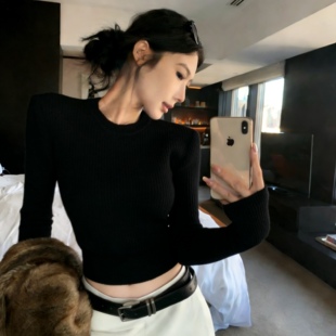 高级感黑色短款毛衣女秋冬巨好看正肩收腰显瘦内搭打底针织衫上衣