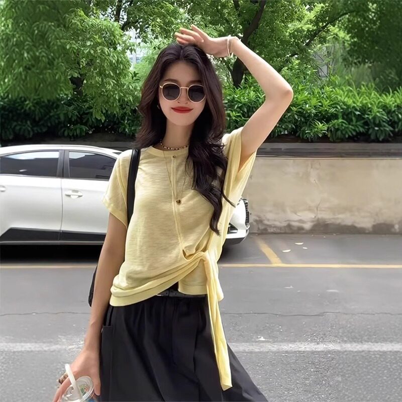不规则绑带黄色圆领正肩短袖t恤女夏季设计感修身显瘦短款上衣薄