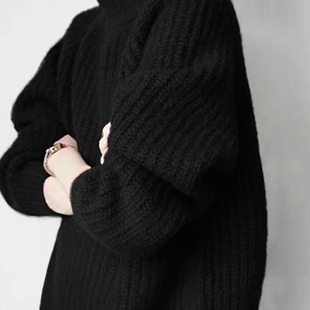 老钱风黑色高领毛衣女秋冬复古高级感宽松加厚外穿内搭针织衫上衣