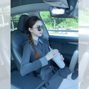 灰色假两件polo领长袖t恤女秋老钱风格子拼接修身内搭打底衫上衣