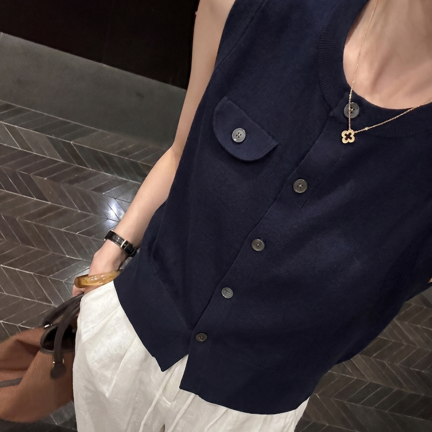 复古藏青色圆领针织衫马甲女夏季