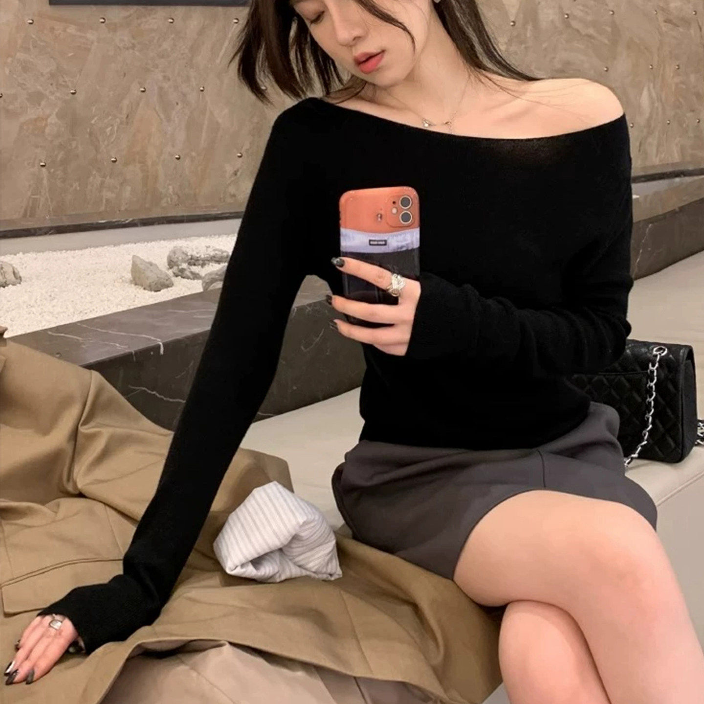 老钱风船领一字领针织长袖t恤女