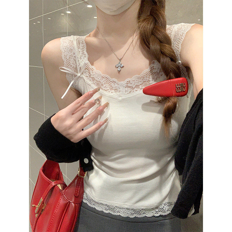 法式纯欲白色蕾丝边吊带背心女夏季外穿修身显瘦内搭打底无袖上衣