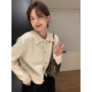 奶fufu杏色翻领毛衣开衫女初冬慵懒宽松羊毛针织外套毛茸短款上衣