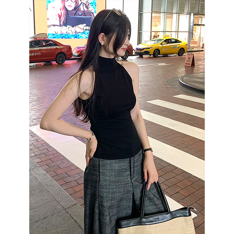 半高领挂脖针织吊带背心无袖上衣