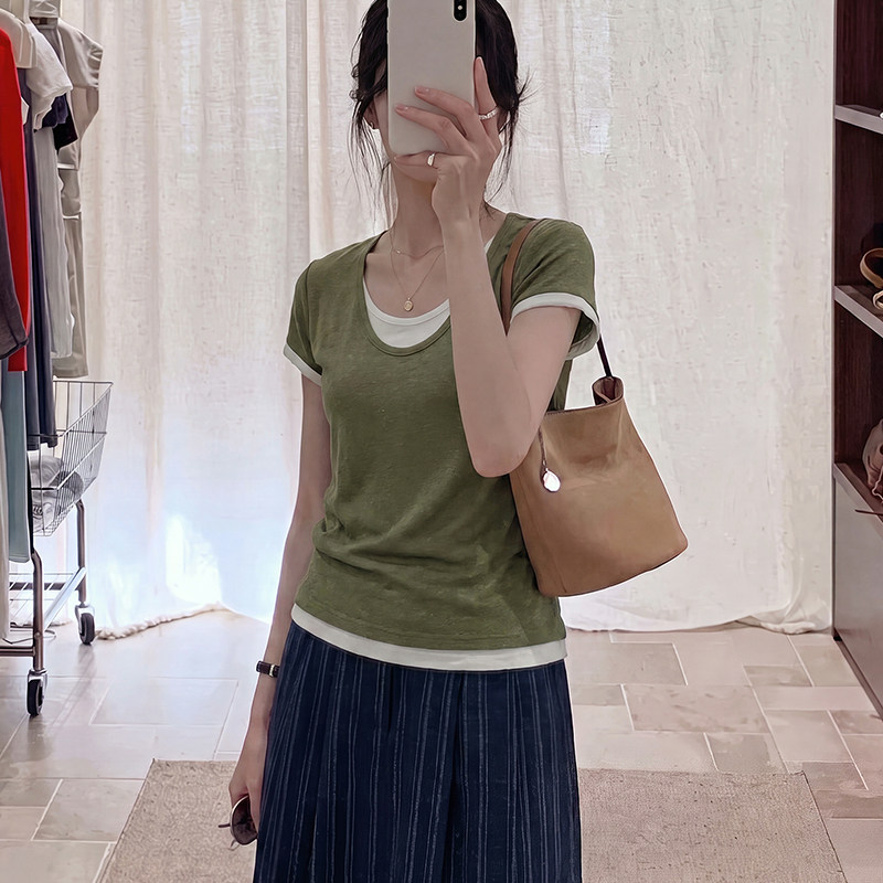 假两件u领短袖t恤休闲通勤上衣女
