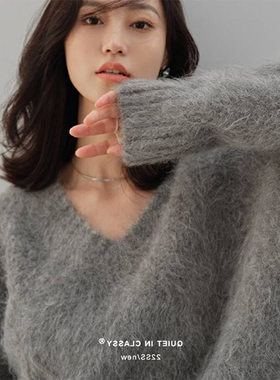 法式高级感灰色V领仿水貂绒毛衣女秋冬季内搭软糯套头针织衫上衣