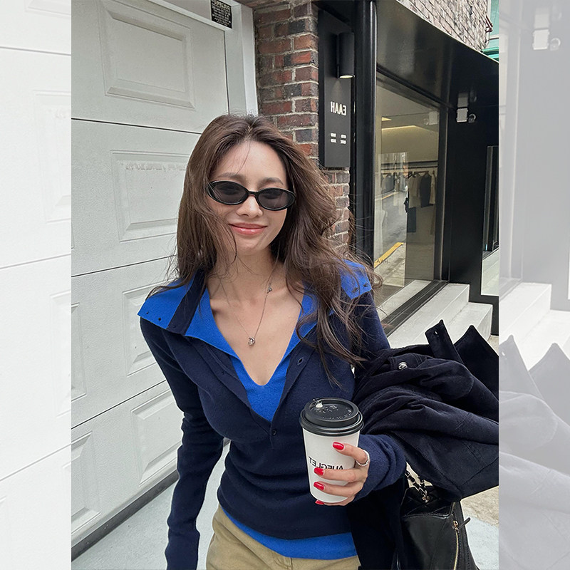 藏青撞色翻领假两件针织衫女秋冬老钱风穿搭v领修身内搭打底上衣