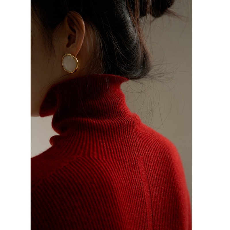 秋冬红色高领内搭打底衫女修身显瘦堆堆领毛衣薄气质百搭针织上衣