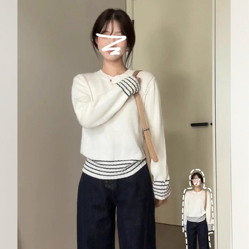 韩系白色条纹收腰针织衫女秋冬老钱风慵懒宽松内搭打底衫毛衣上衣