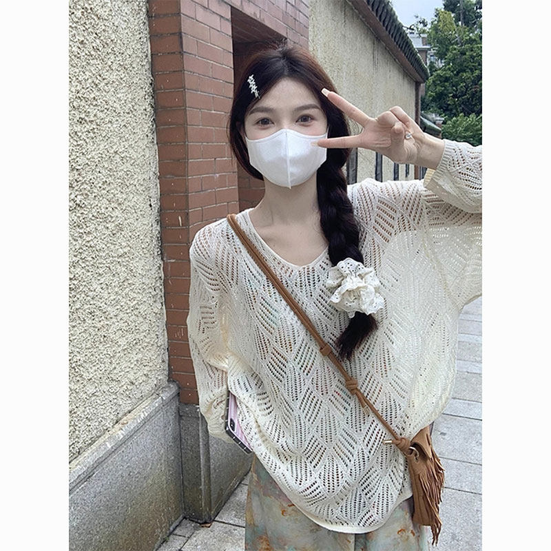 波西米亚风白色v领镂空防晒针织衫女夏季宽松薄款空调衫罩衫上衣