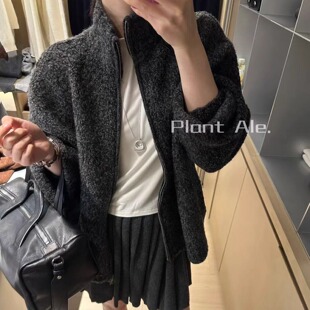 韩系灰色立领羊羔毛毛衣外套女秋冬慵懒风宽松针织拉链开衫上衣厚