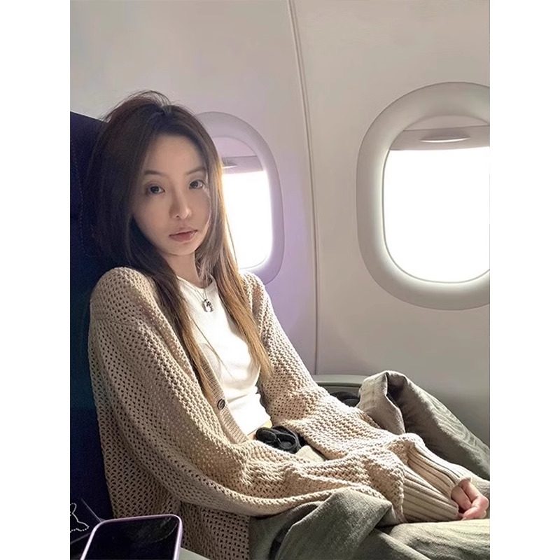 慵懒风卡其色镂空针织开衫女春夏季防晒冰丝披肩罩衫薄款外套上衣