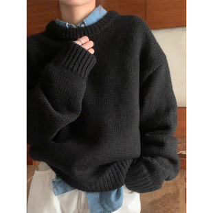 黑色高级感圆领加厚毛衣女秋冬可外穿内搭休闲宽松套头针织衫上衣