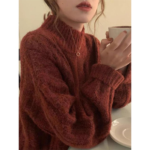港风复古红色麻花慵懒宽松毛衣女秋冬韩版漂亮别致套头圆领针织衫