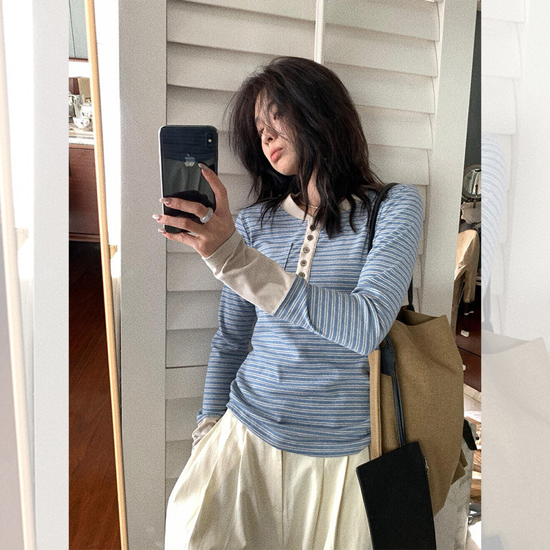 韩系蓝色条纹亨利领长袖t恤女秋季小个子正肩修身内搭打底衫上衣