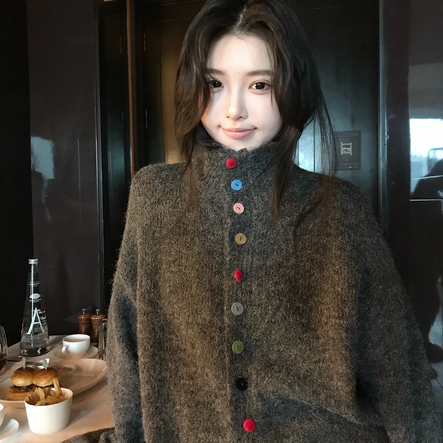 复古彩扣高领毛衣外套毛茸茸上衣