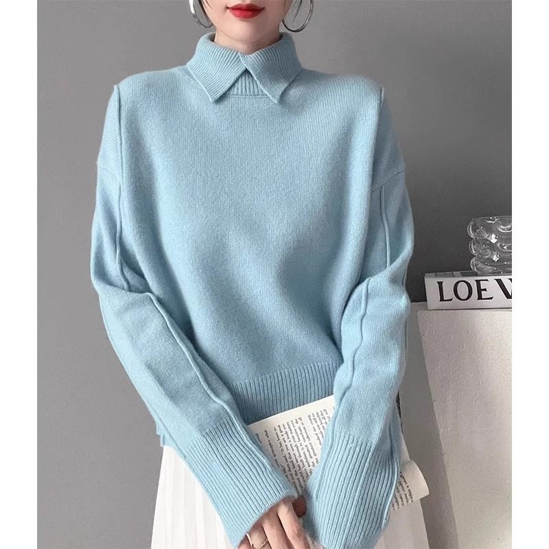 法式翻领套头毛衣女秋季新款高级感宽松内搭针织打底衫小个子上衣