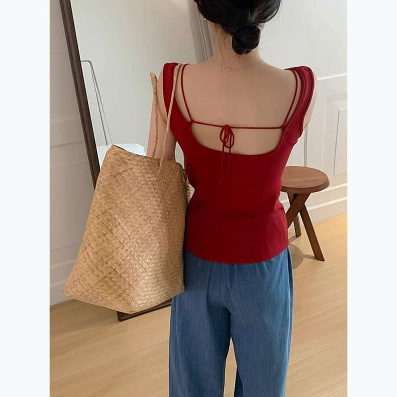 辣妹红色露背系带吊带女夏季设计感无袖外穿针织背心内搭冰丝上衣