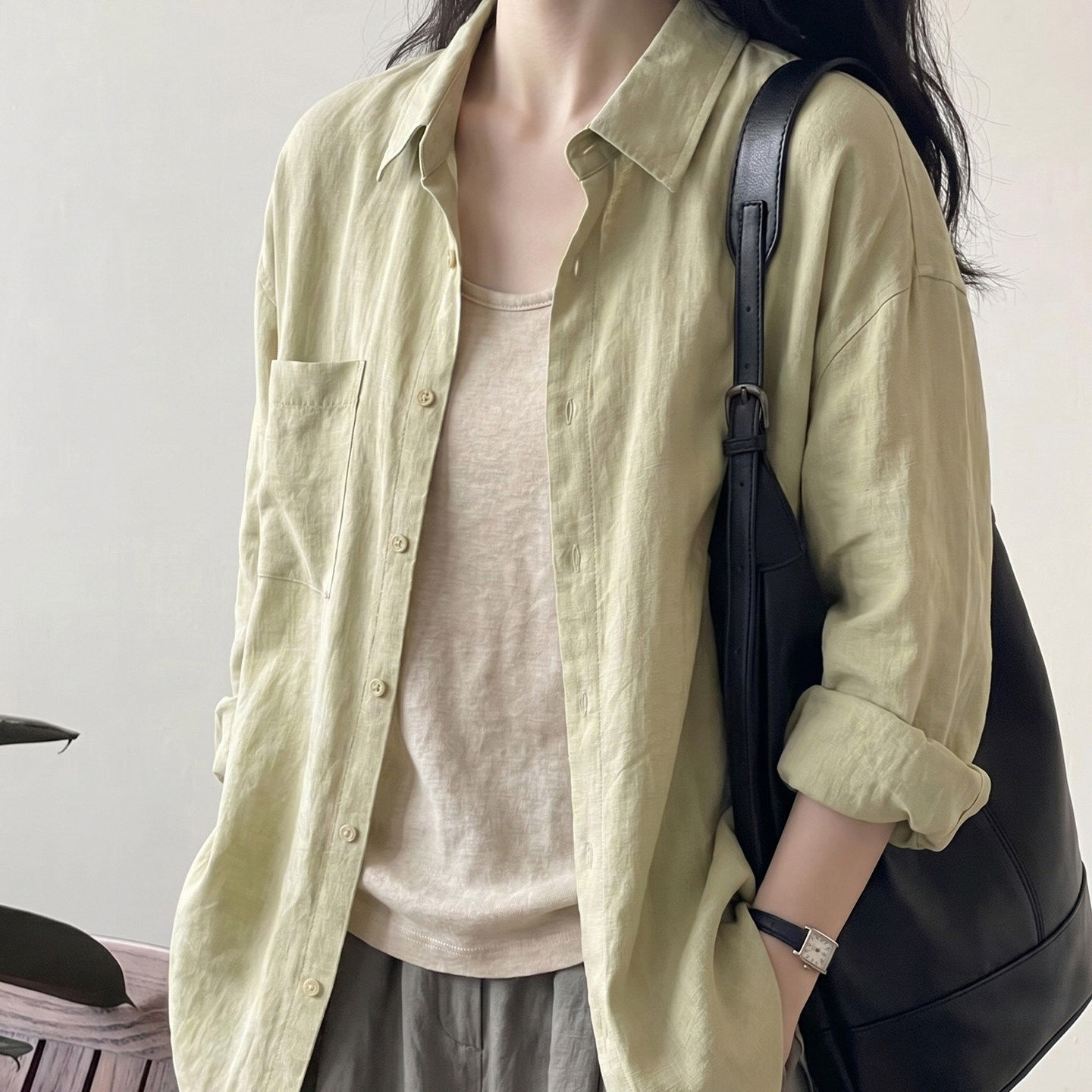 韩系松弛感棉麻防晒长袖衬衫上衣