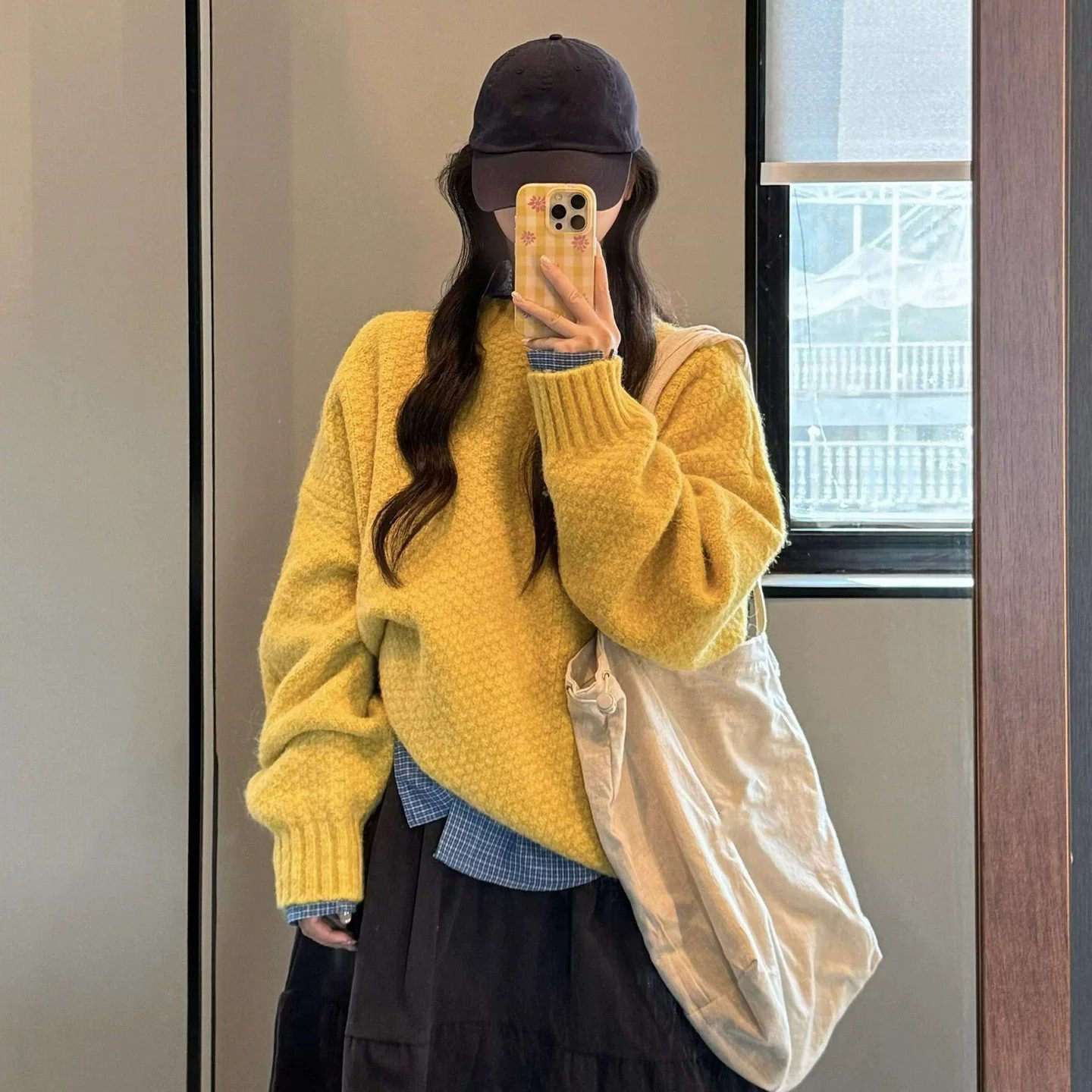 韩系松弛感菠萝纹套头圆领毛衣女