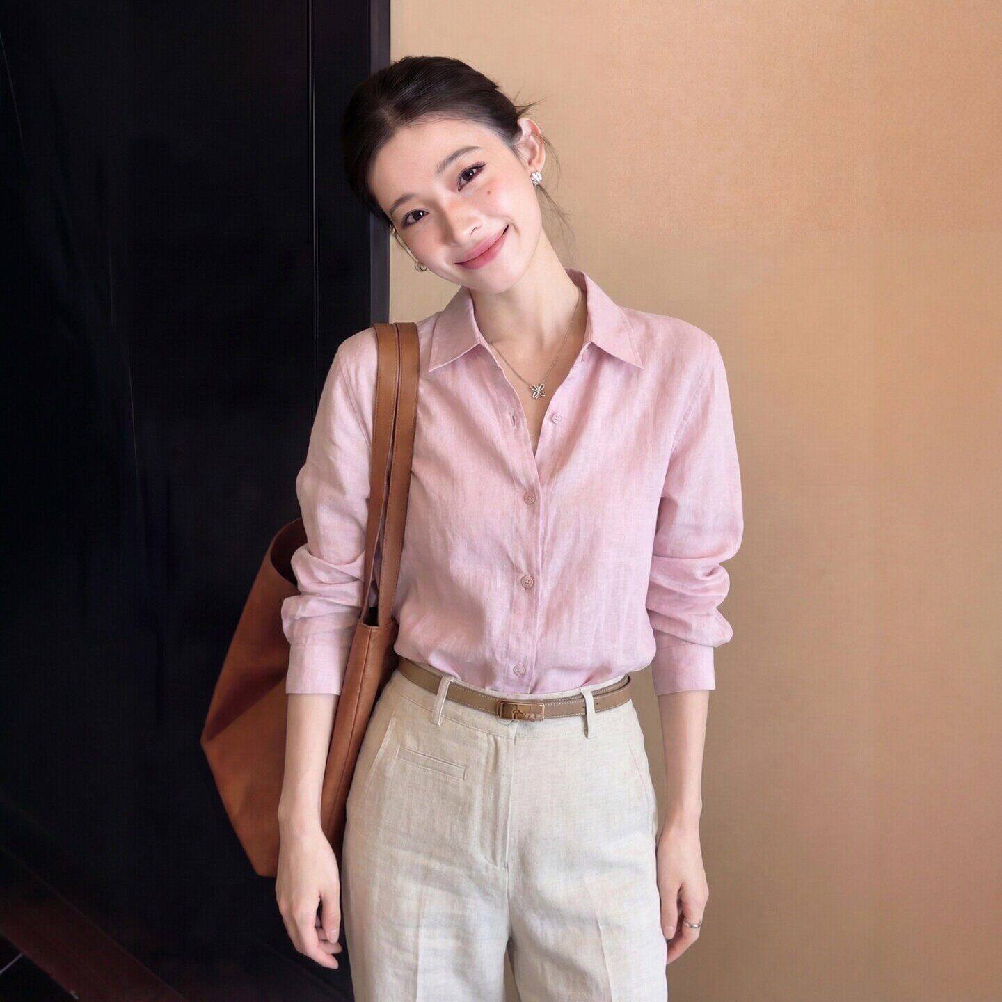 法式粉色亚麻长袖衬衫女士夏季港风穿搭薄款棉麻防晒外套小资上衣