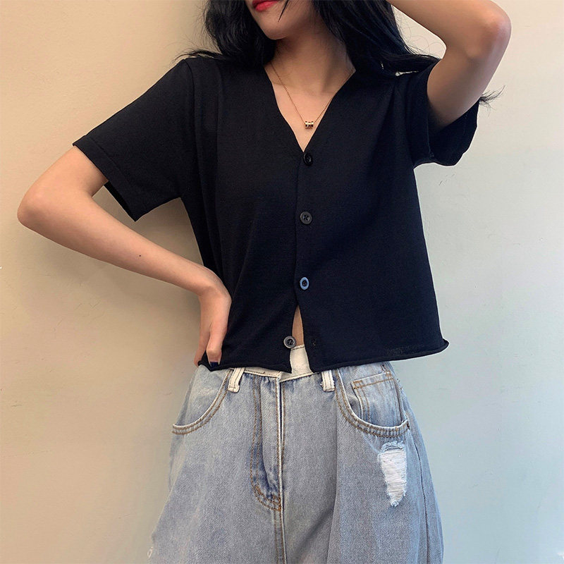 黑色冰丝V领针织短袖女夏季法式薄款气质显瘦小开衫短款bm上衣t恤