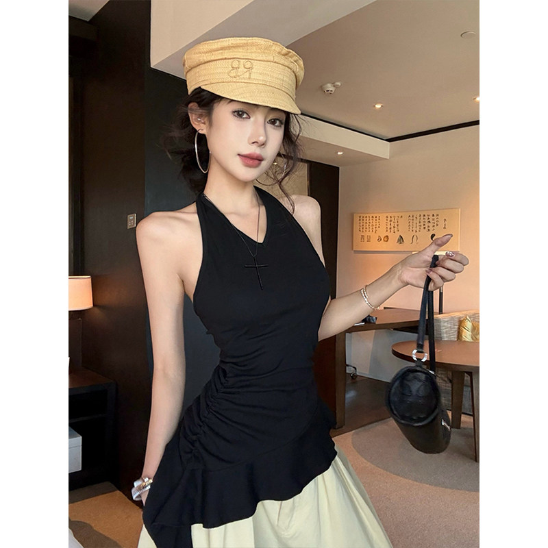 黑色v领挂脖不规则飘带背心女夏季外穿辣妹修身露背无袖吊带上衣