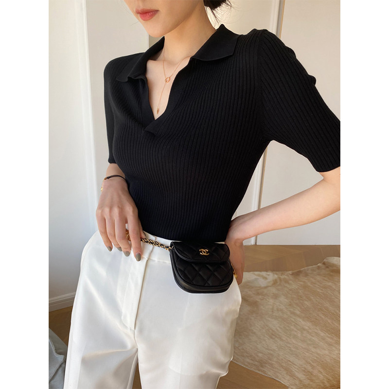 夏季法式针织短袖t恤女薄款2025新款修身显瘦冰丝polo衫翻领上衣