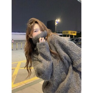 灰色马海毛高领毛衣女秋冬韩版高级感加厚外穿慵懒风宽松针织上衣