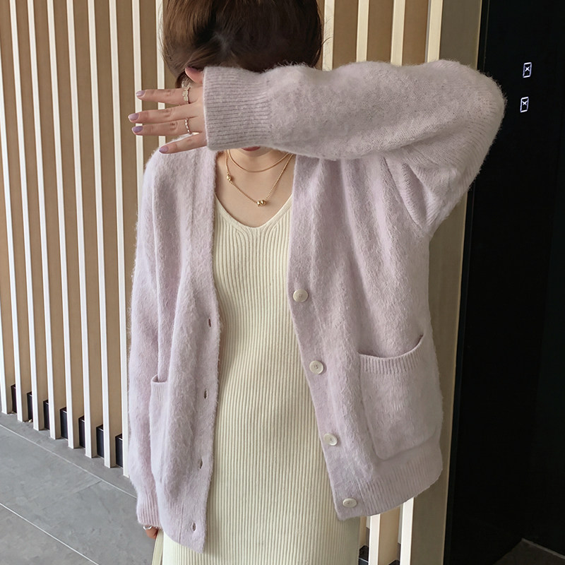 香芋紫色v领毛衣外套宽松针织衫