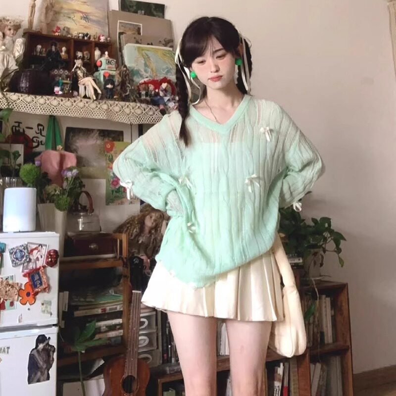 薄荷绿色V领针织罩衫女春夏蝴蝶结宽松轻薄防晒衫多巴胺外穿上衣