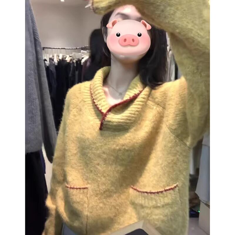韩系黄色复古翻领套头毛衣女秋冬季慵懒风宽松软糯羊毛针织衫上衣