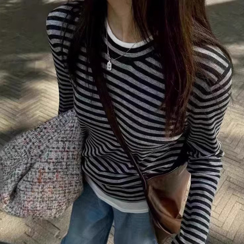韩系条纹假两件长袖t恤修身上衣