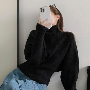 慵懒高级感黑色高领毛衣女秋冬可外穿内搭宽松短款针织衫打底上衣