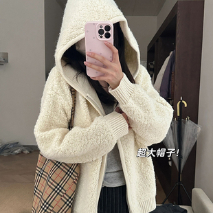 韩系白色羊羔毛连帽毛衣外套女秋冬慵懒风宽松拉链针织开衫上衣厚