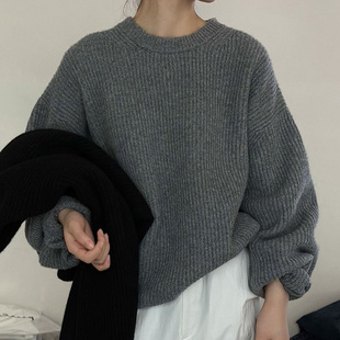 复古灰色圆领加厚毛衣女秋冬慵懒高级感宽松针织衫可外穿内搭上衣