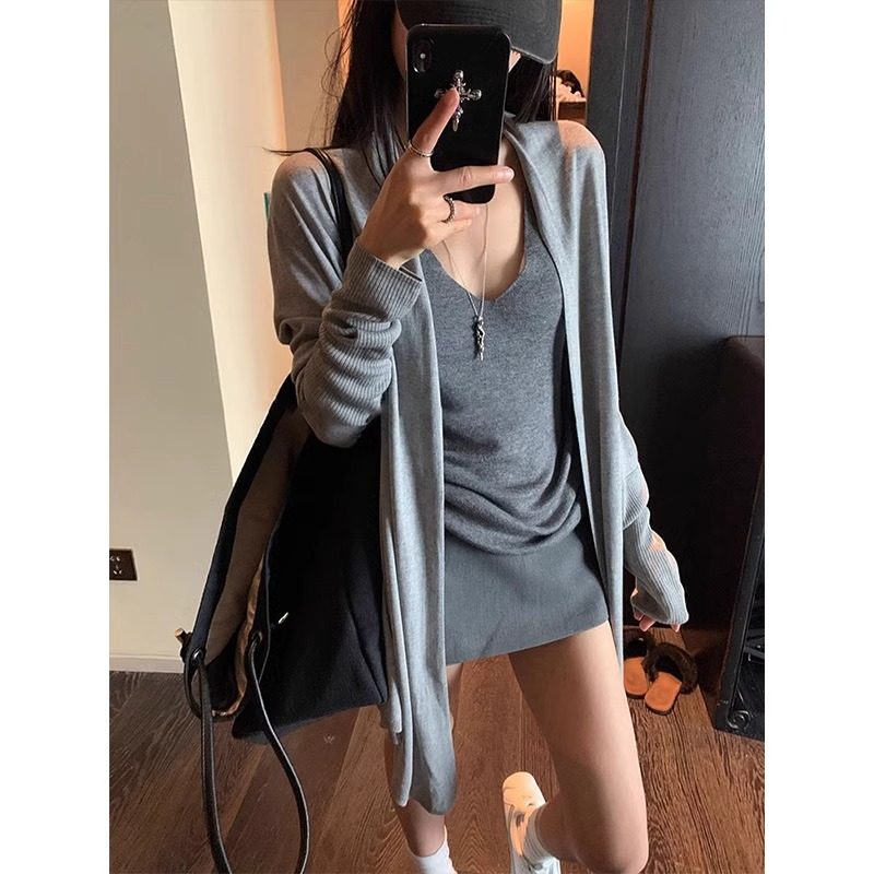 灰色薄款冰丝针织外套女夏季吊带外搭中长款防晒披肩罩衫慵懒上衣