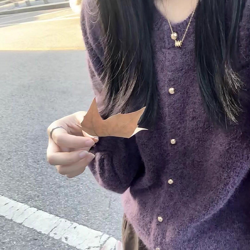 高级感紫色毛衣外套软糯针织开衫
