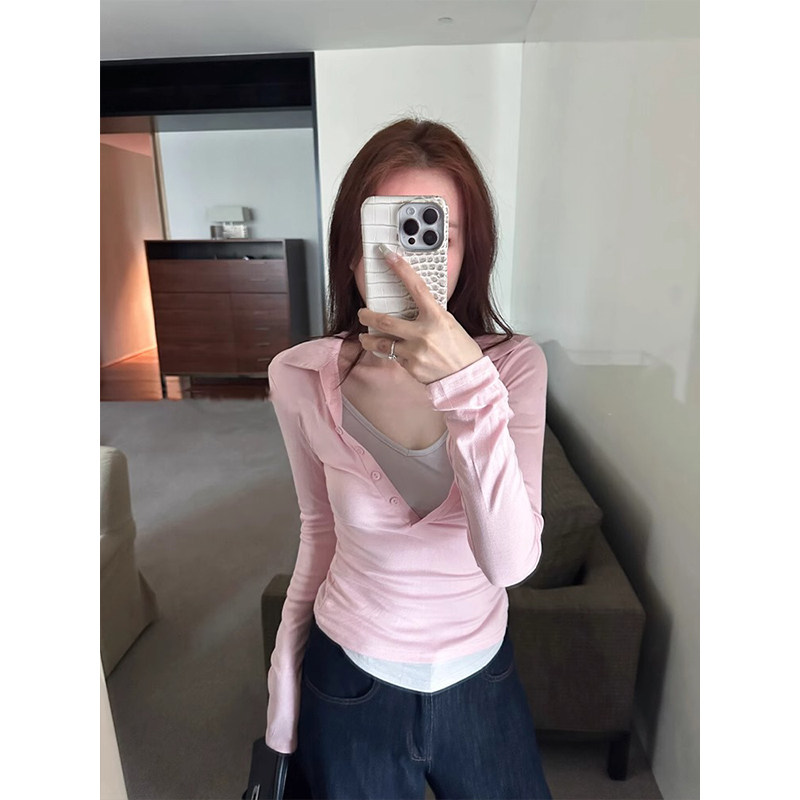 辣妹粉色v领假两件长袖t恤女春季设计感翻领正肩修身叠穿上衣薄款