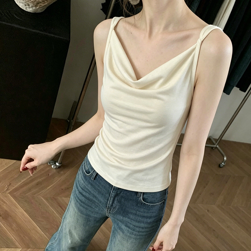 法式杏色荡领吊带背心女夏季内搭外穿设计感修身高端小资无袖上衣