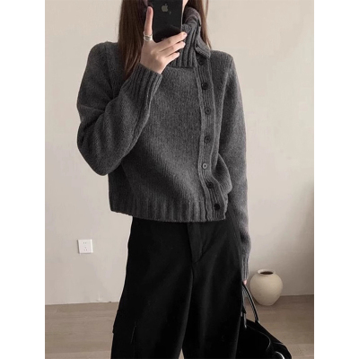 不对称翻领毛衣外套小个子短开衫