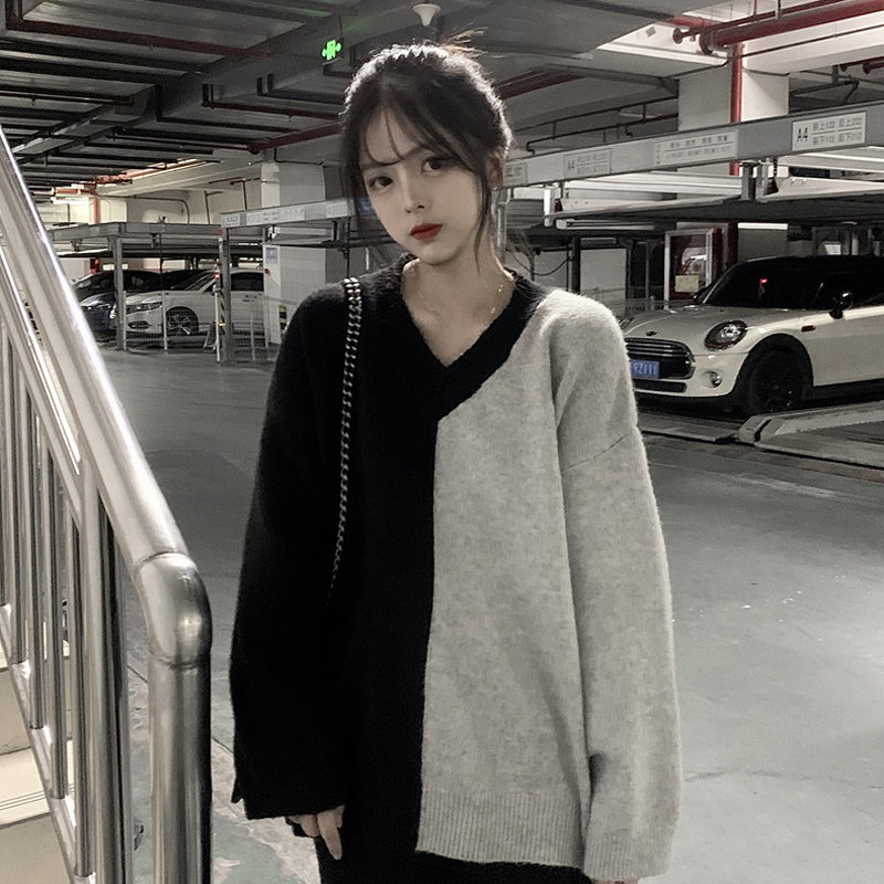 撞色V领毛衣套头内搭针织衫上衣