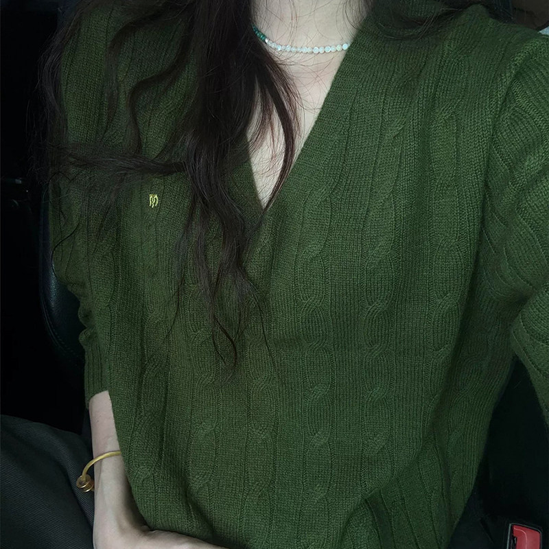 老钱风v领麻花毛衣单穿针织上衣